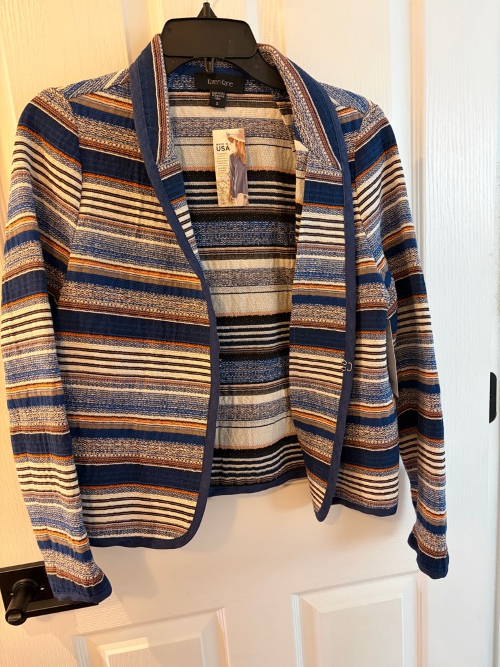 Karen Kane Navy, Tan & Cream Striped Open-Front Jacket
